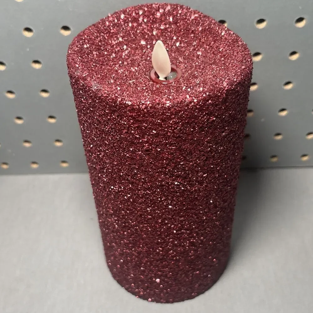 Luminara Flameless Pillar Candle Red Glitter Beaded 7